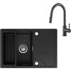 CECIPA Lavello Cucina 1 Vasca in Granito Nero - 65x45 cm con Rubinetto Estraibile, Vasca Singola con Cestello, Installazione Reversibile, Include Sifone e Gruppo di Scarico