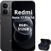XIAOMI Smartphone Xiaomi REDMI Note 17 Pro 5G, batteria 8340mAh, 8GB di RAM, 512GB di memoria interna, colore nero (include cuffie Bluetooth)