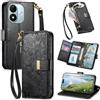 JIUNINE Cover a Libro in Pelle per XIAOMI Redmi Note 17 5G, Nero | Custodia Portafoglio in Pelle Sintetica, Stampa Floreale e Foglie, Portacarte, Tasca con Zip, Chiusura Magnetica, Supporto