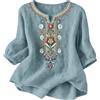 ABLYTMIAQ Top in cotone e lino da donna UK Boho floreale ricamato manica 3/4 t-shirt scollo a V vestibilità ampia maglietta da donna casual per uscire estate top