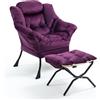 TIANSHU Poltrona in Velluto Camera da Letto con Poggiapiedi, Supporto per Collo e Gambe in Metallo - per Salotto, Studio, Soggiorno, Balcone (Viola)