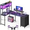 VASAGLE Scrivania Angolare, Scrivania da Gaming con Prese e Porte USB, Luci LED, 3 Cassetti, Supporto per Monitor, 160 x 100 x 150 cm, Nero Ebano, Collezione BARNET LWD163B101