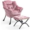 TIANSHU Poltrona in Velluto Camera da Letto con Poggiapiedi, Supporto per Collo e Gambe in Metallo - Ideale per Salotto, Studio, Soggiorno, Balcone (Rosa)