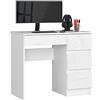 AKORD | Scrivania A-7 | 4 Cassetti | Office Desk | Scrittoio per Ufficio | Per Computer PC Laptop | Al lavoro | A casa | 50x90x77 cm | Bianco|Bianco lucido