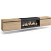 Skraut Home | Mobile TV Soggiorno | Ampio spazio a disposizione | 267x45x35 cm | TV di grande formato | Camino elettrico XXL | Sospeso, da appendere | Stile moderno | Rovere e nero