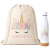 Gifters | Set Sacca Coulisse e Borraccia Personalizzate | Unicorno Floreale | Sacca per Bambini con Nome 34 × 42 cm + Borraccia in Acciaio Inox da 750 ml | Asilo Nido, Scuola e Gite