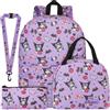 Get Trend Hello Kitty Kuromi Zaino Scuola in Velluto a Coste, 4 Pezzi Set Grande Zaino Bambini con Astuccio, Borsa Termica Porta Pranzo e Lanyard, Idee Regalo per Bambina e Ragazza (Viola Kuromi)