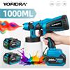 YOFIDRA 1000ML Pistola a spruzzo elettrica Potente spruzzatore di vernice portatile Cordless Rivestimento per mobili Aerografo per Makita 18V Batteria Pin