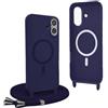YFSYLL Magnetica Cover per iPhone 16 Plus con Cordino,Compatibile con MagSafe,Silicone Case con Regolabile Cordino da Collo Nylon Catena Collana Tracolla - Blu
