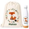 Gifters | Set Sacca Coulisse e Borraccia Personalizzate | Volpe | Sacca per Bambini con Nome 34 × 42 cm + Borraccia in Acciaio Inox da 750 ml | Asilo Nido, Scuola e Gite
