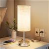 UPXNBOR Lampada da Comodino Touch, Abat-Jour da Comodino con Ricarica | Lampada da Scrivania con Porte USB A + C, 3 Livelli di Luce Calda, Paralume in Lino, Cavo 1,5 m, E27 Inclusa, Argento