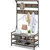 HOMASIS 4 in 1 Stand Appendiabiti con Scarpiera, Appendiabiti Ingresso con 11 Ganci e 3 Scaffali, Struttura in Metallo, Guardaroba a Giorno con Panca per Scarpe, 102 x 40 x 184 cm (Grigio)