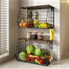 SKUTZTEK Portafrutta a 2 Livelli in Filo Metallico con Coperchio in Legno, Cesto per Frutta e Verdura da Tavolo, Impilabile e Montabile a Parete, Organizer Multiuso per Cucina o Bagno