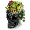 OLegei Vaso di fiori di cranio in resina, portapenna, nero | Supporto per pennelli da trucco, vaso di fiori di cactus, decorazione scheletro per casa e ufficio