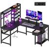 Hzuaneri Scrivania Gaming a L con Illuminazione RGB e Prese, 156 x 90 cm, Scrivania Angolare con Supporto per Monitor e Ganci per Ufficio Domestico, Studio, Camera da Letto, Nero CD71006BEU