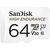 SanDisk HIGH ENDURANCE Video Monitoring for Dashcams & Home Monitoring 64 GB microSDXC Memory Card + SD Adaptor, Up to 100 MB/s read and 40 MB/s Write, Class 10, U3, V30, White
