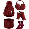 Tuopuda Cappello Sciarpa e Guanti Touch Screen Donna Invernali Berretto in Maglia Beanie Collo della Ciarpa 5 Pezzi Beanie Hat Scaldacollo Calzini Ispessiti Paraorecchie Earmuffs di peluche