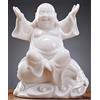 QINLANG Piccola statua di Buddha sorridente in ceramica bianca per buona fortuna, statua di Buddha felice seduto su un sacco di soldi per buona fortuna e prosperità