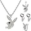 LKHJ Collana Playboy Coniglio Bunny con ciondolo per uomini donne, collana bianca + anelli per ombelico + orecchini coniglio in acciaio inossidabile, Acciaio inossidabile