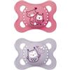 MAM Ciucci originali, 0-6 mesi, confezione da 2, forniti in custodia per sterilizzatore, materiali sostenibili, accessori per bambini per neonati, rosa/viola (vari motivi)