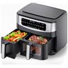 Gidgimo Friggitrice ad Aria XXL 10 litri Doppio Cestello, 50°C-200°C, Air Fryer con Finestra, 12 Programmi, Lavabile in Lavastoviglie, Touch Screen, Doppia Temperatura e Tecnologia SMART& MATCH Cook