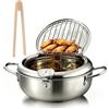 PORFOYO Pentola per friggitrice, 2,2 l, con termometro, coperchio, scolapiatti, clip di bambù, pentola giapponese in acciaio inox, pentola per friggere in stile giapponese per patatine fritte