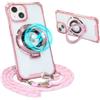 Belzsxy Magnetica Cover per iPhone 13 con Cordino Regolabile,Cover Blindato con Anello a 360°, Trasparente Custodia con Collana Tracolla Laccio Collo Morbido Lanyard Case Antiurto,Rosa