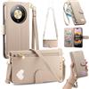 LIAOCY Portafoglio Custodia per Honor Magic8 Lite/Magic 8 Lite / X9d, A Tracolla Flip Cover in Pelle PU con Motivo a Cuore【Fibbia Magnetica】, Anticaduta con Supporto, Khaki.