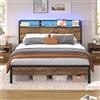 KIMENICH Strutture Letto 140 x 190 con illuminazione a LED, Telaio Letto 140 x 190 Doghe in Metallo, Lettos in Metallo con Stazione di Ricarica, Spazio Sotto il Lettos, Marrone Vintage