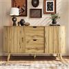 Bladez Credenza con 2 ante scorrevoli e 2 cassetti, colore legno, 140 x 40 x 79,5 | Armadio da soggiorno e comò con venature 3D, scomparti aperti, gambe in legno massiccio e angoli arrotondati