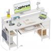 Xyphren Scrivania con 2 cassetti, 140 x 50 cm, tavolo da gioco con ripiano per tastiera, ripiano laterale regolabile in altezza, supporto per monitor e presa per casa, ufficio e soggiorno, bianco