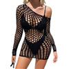 Li Boudoir Mini abito a rete, a maniche lunghe, spalle scoperte, trasparente, copricostume da spiaggia