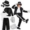 FARYODI Set costume per Halloween King of Pop Showdance, 116/5-11 anni | Cappello e guanto vintage nero e bianco con paillettes, giacca, pantaloni, outfit per palcoscenico, Halloween, carnevale