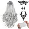 GDLOKFU Parrucca Donna Halloween, Parrucca Lunga Ondulata Argento-Grigia da 70 cm, Parrucca Grigia Donna con Set Accessori Gotici, Maschera e Guanti per Halloween, Carnevale e Cosplay