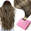 YoungSee Extension con nano anello, balayage, processo a freddo, leggere | Extension di capelli veri con nanoring, castano scuro ombré, biondo caramello, look naturale, per parrucchieri