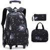 TRAVELKNOT 3pcs Zaino Trolley Scuola Elementare Zaino Scuola con Ruote Media Bambina Borsa Scuola Zainetto Bambini Zaini per PC Portatili Valigeria Ragazze Ragazzo Nero Galexy 31x16x45cm
