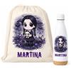 GIFTERS | Set Sacca Coulisse e Bottiglia Personalizzati Gotico Kawaii con Nome | Sacca Bambini 34 × 42 cm + Bottiglia in Acciaio Inox da 750 ml | Asilo, Scuola dell'Infanzia, Primaria, Gite e Attività
