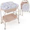 RELAX4LIFE 2 in 1 Fasciatoio con Vaschetta Bagnetto per Neonato, Fasciatoio Pieghevole con 4 Ruote Bloccabili, Bagnetto per Neonati 0-12 Mesi, Carico 15KG (Beige)