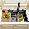 ASKLFNEI Lavello da incasso 85 x 50 cm, grande lavello in acciaio inox, nero, 1 vasca, indicatore della temperatura dell'acqua, posto di lavoro, con set di rubinetto estraibile