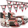 com-four® 61 pezzi set da festa da Dia de los Muertos, stoviglie in cartone | tovaglioli - gagliardetti con teschio per Halloween - Giorno dei Morti - feste a tema e per bambini