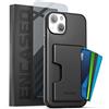 ENCASED - Cover portafoglio protettiva per iPhone 14 con porta carte e proteggi schermo, custodia per 4 carte o documenti d'identità (nera)