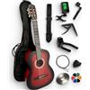 AMBRE Pack Chitarra Classica 4/4 (Adulto) + 10 Accessori (Custodia, Supporto da parete, Accordatore, Cinghia, Capotasto Archi, 6 plettri, Scatola, Manovella) + Corsi Video & CD (Rosso, 1/2, Sinistra)