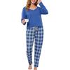 Vlazom Pigiama Donna Maniche Lunghe Pigiami Due Pezzi Scollo a V a Quadri | Colle a V elegante, top tinta unita abbinato a pantalone a quadri, tessuto caldo invernale, ideale per Natale