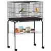 PawHut Gabbia Uccelli con Divisorio, Carrello, 76x46x116cm Nero | Gabbia per pappagalli con 4 trespoli, vassoio, 4 mangiatoie per parrocchetti, inseparabili, canarini, fringuelli