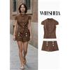Willshela Set da donna alla moda in 2 pezzi, canotta marrone monopetto e pantaloncini con cerniera frontale e bottoni, set di pantaloncini da donna chic