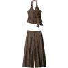 Willshela Set da donna alla moda in 2 pezzi con top con lacci e fiocco marrone con paillettes e pantaloni vintage a gamba larga, completo elegante da donna