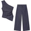Willshela Set da 2 pezzi in denim per donna, top con collo asimmetrico e pantaloni vintage con cerniera frontale e gamba larga, completo da donna