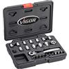 Vigor V5202 - Set di cricchetti reversibili con attacco quadro da 6,3 mm (1/4), lama piatta da 20 mm, chiave a bussola e inserti diversi, 25 pezzi, colore: Nero