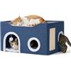 Relaxdays Cuccia per gatti pieghevole, blu, pallina gioco e 2 cuscini | H x L x P: 34 x 60 x 40 cm, con tiragraffi