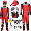 TOLOYE Costume da Pilota da Corsa per Bambino, Tuta da Pilota | Sole, Cappello, Porta Badge, Bandiera a Scacchi, Medaglia e Borsa a Tracolla, Costume per Halloween Carnevale Cosplay